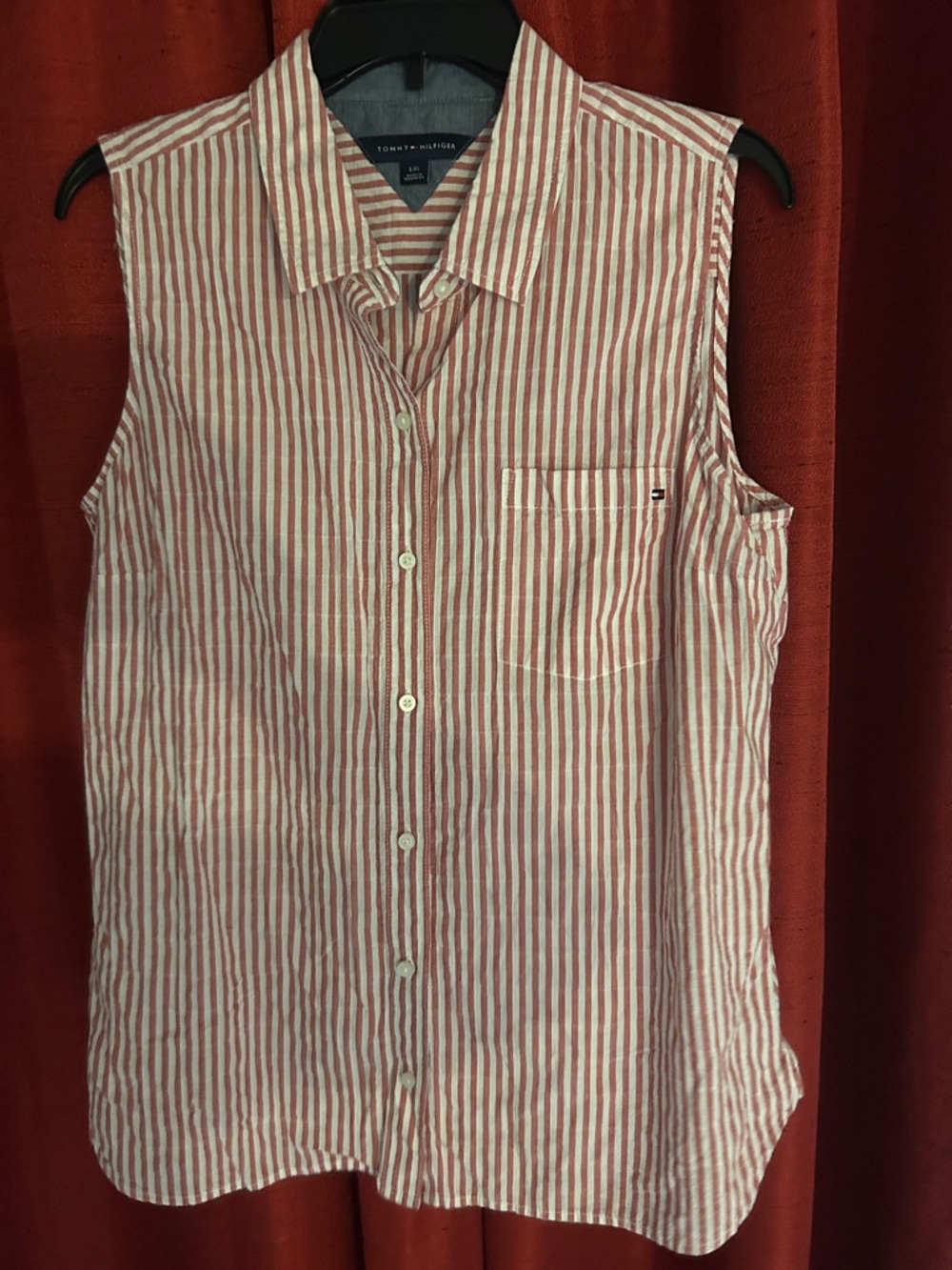 Tommy Hilfiger Red and White Vertical Stripe Sleeveless Button-Down Shirt